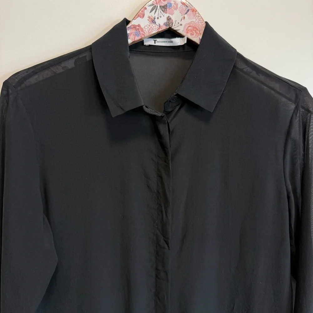 T by ALEXANDER WANG Black Silk Long Line Button Up Shirt Dress Small - Picture 2 of 9